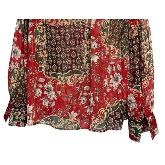 Zara Floral Sheer Long Sleeve Flowy Boho Blouse Smocked Ruffle Neck XL Red Green - Picture 8 of 15